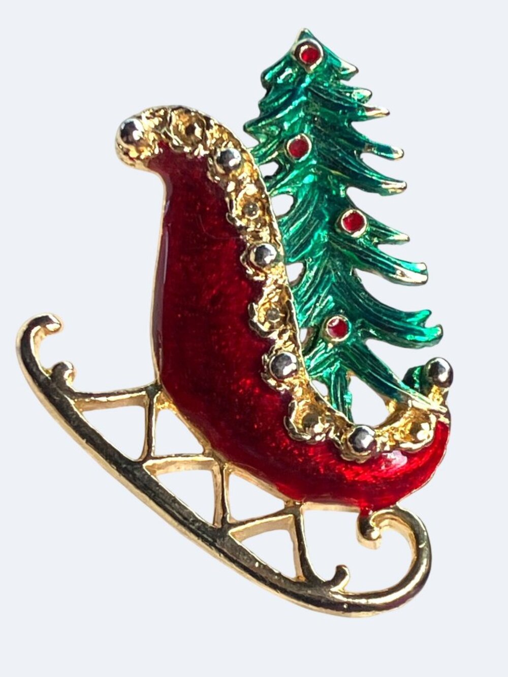 Christmas Sleigh Pin Brooch With Red Enamel Green Tree Design Christmas - Picture 3 of 11